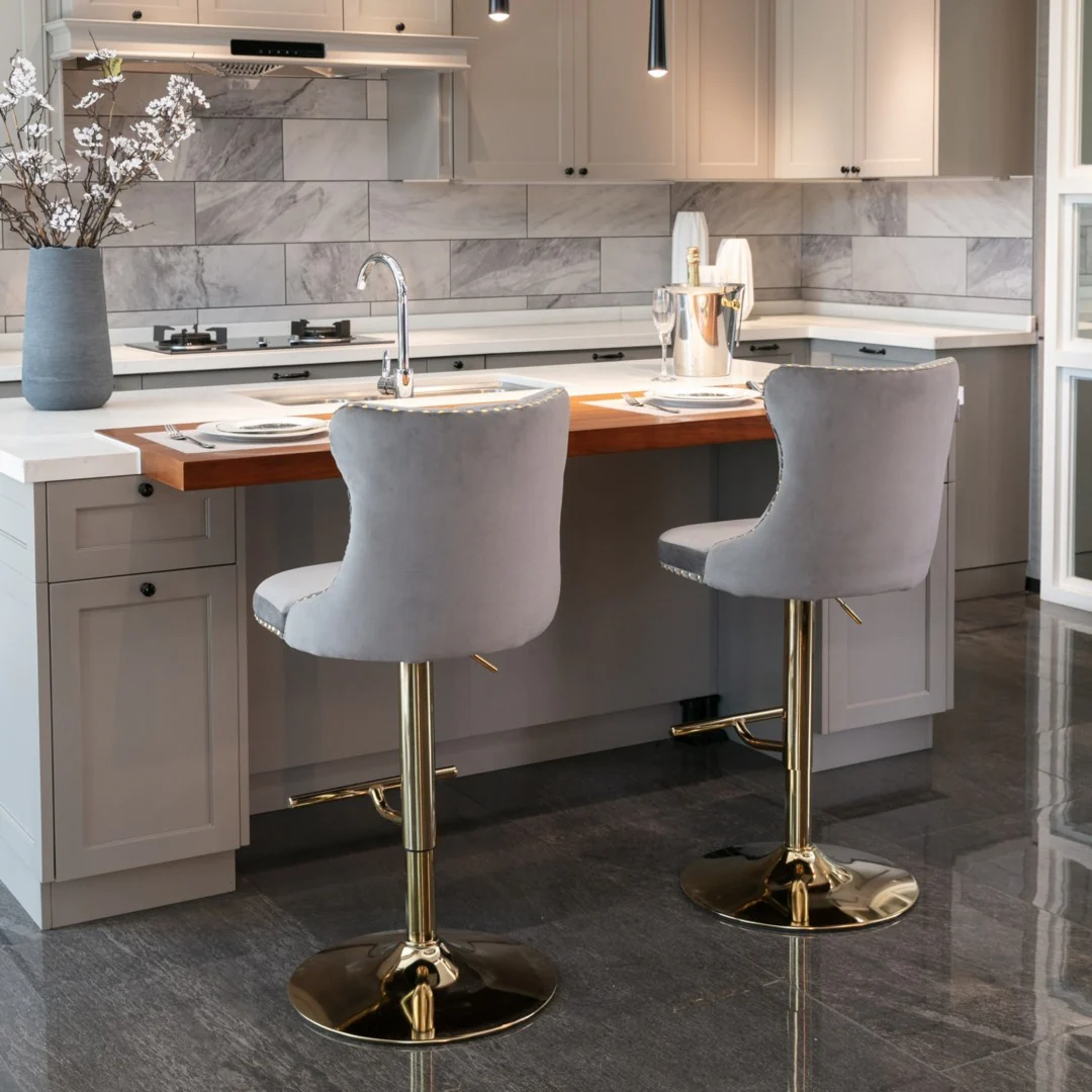 4x Height Adjustable Swivel Bar Stool Velvet Studs Barstool with Footrest and Golden Base- Grey - Image 11
