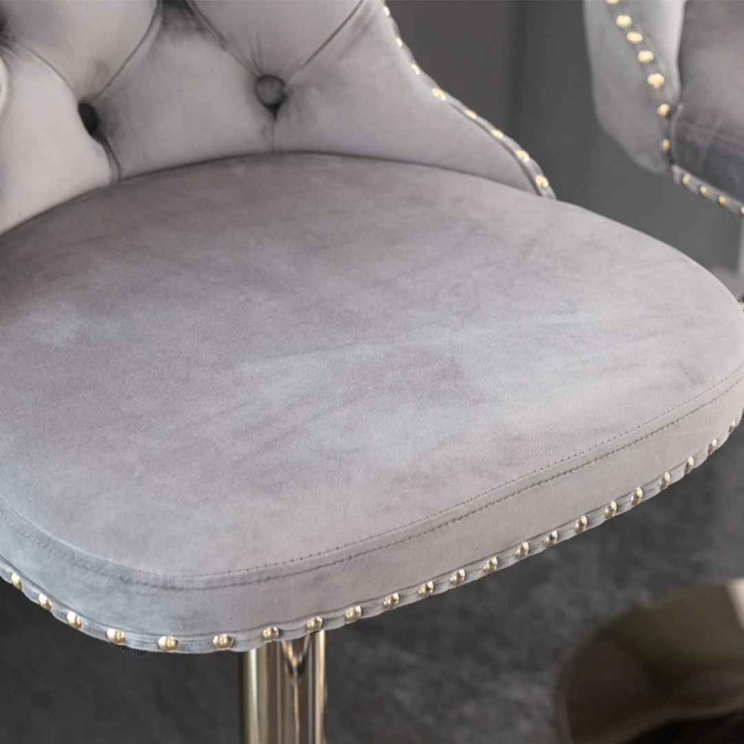 4x Height Adjustable Swivel Bar Stool Velvet Studs Barstool with Footrest and Golden Base- Grey - Image 13