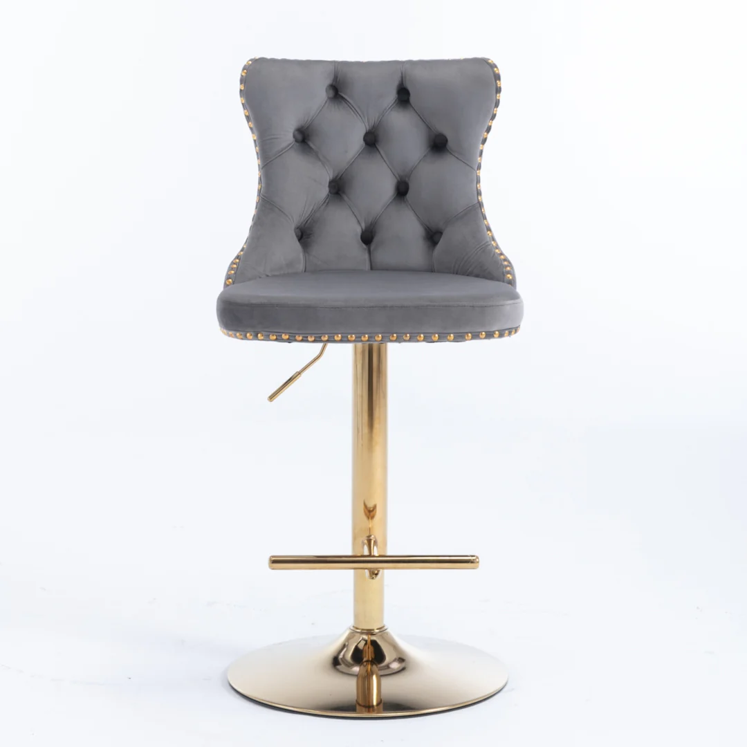 4x Height Adjustable Swivel Bar Stool Velvet Studs Barstool with Footrest and Golden Base- Grey - Image 4