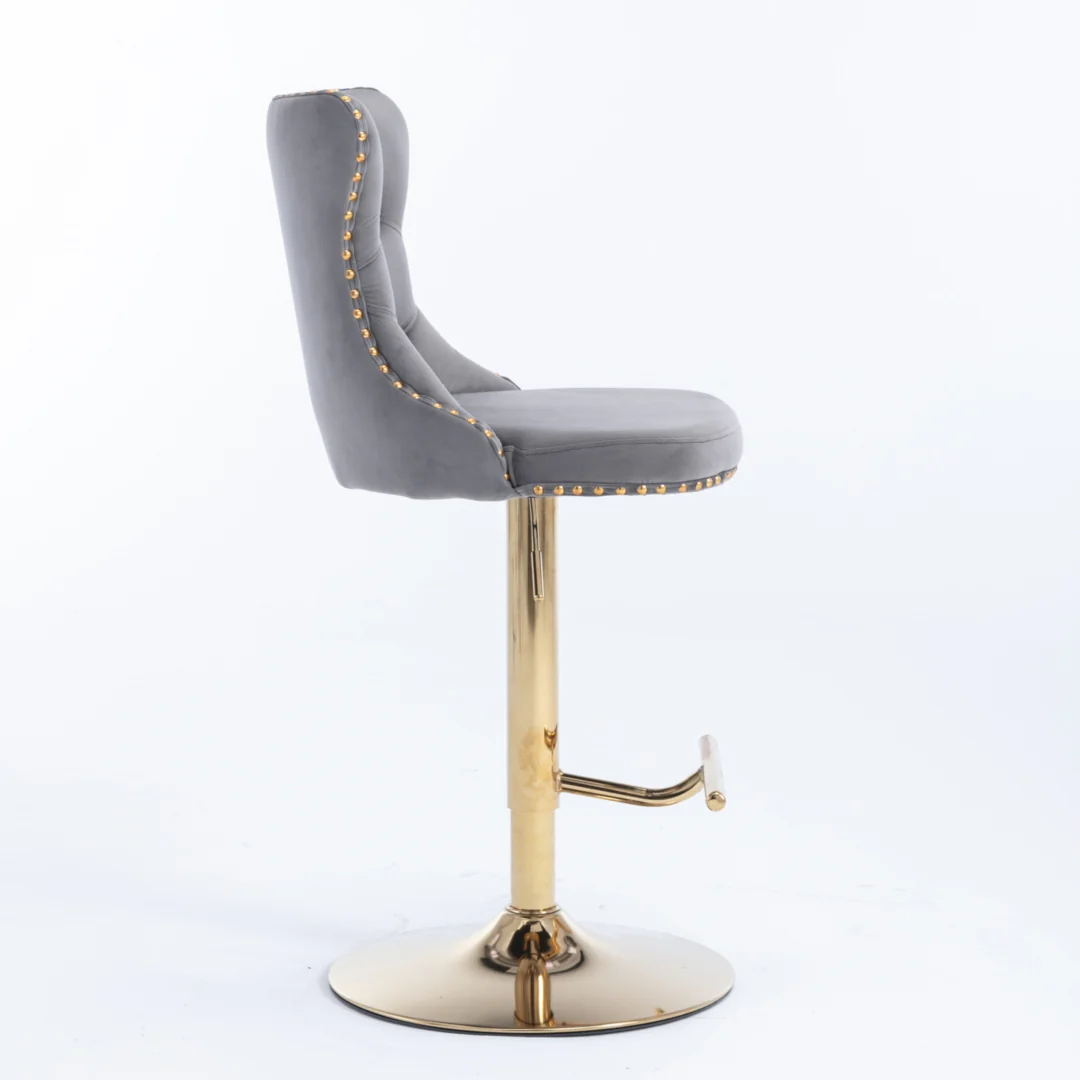 4x Height Adjustable Swivel Bar Stool Velvet Studs Barstool with Footrest and Golden Base- Grey - Image 5