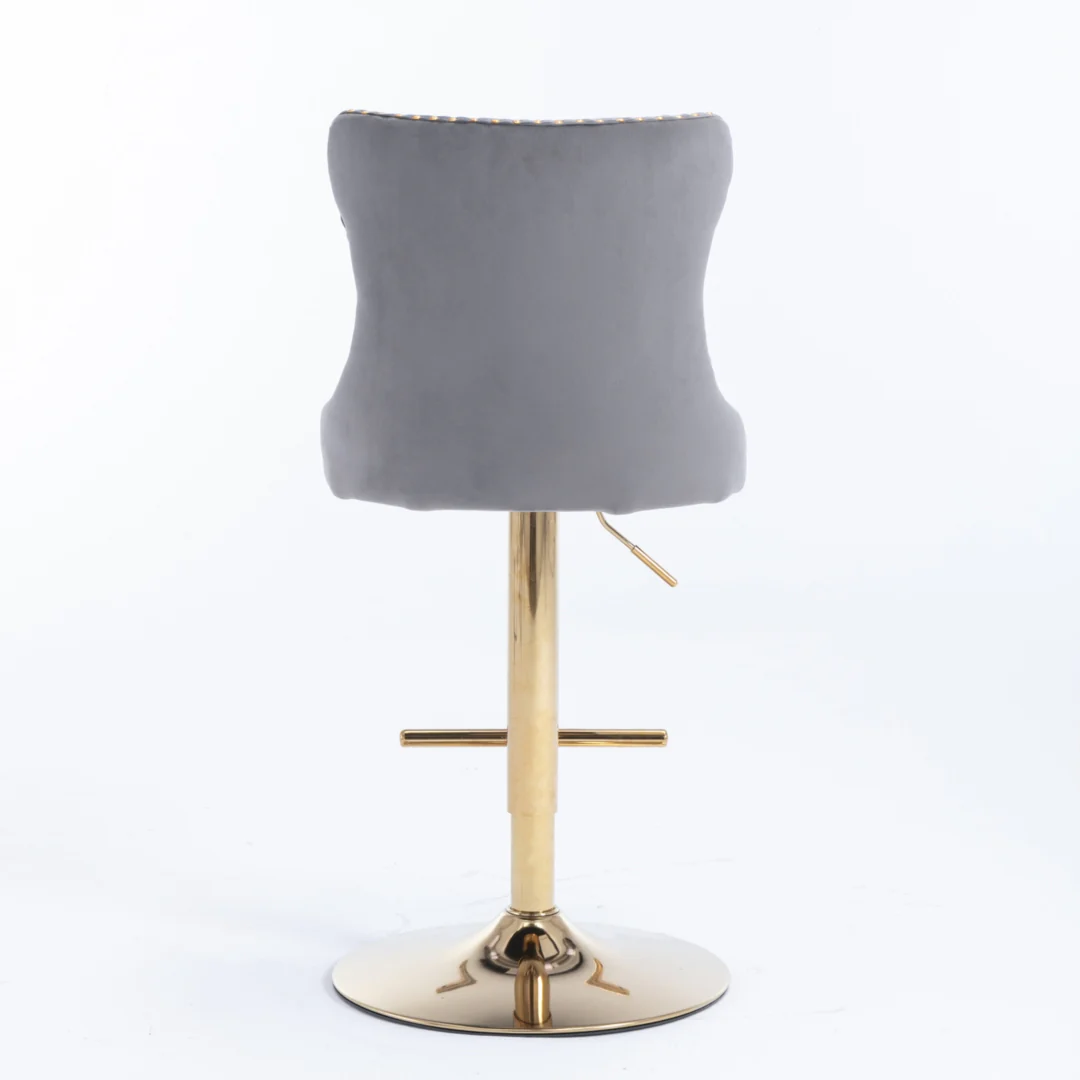 4x Height Adjustable Swivel Bar Stool Velvet Studs Barstool with Footrest and Golden Base- Grey - Image 6