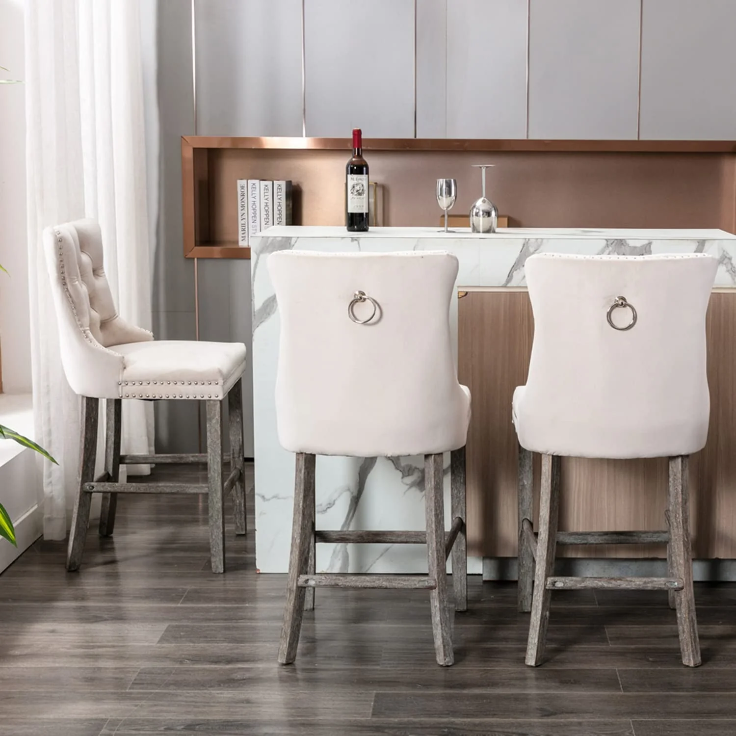 4X Velvet Bar Stools with Studs Trim Wooden Legs Tufted Dining Chairs Kitchen - Image 11
