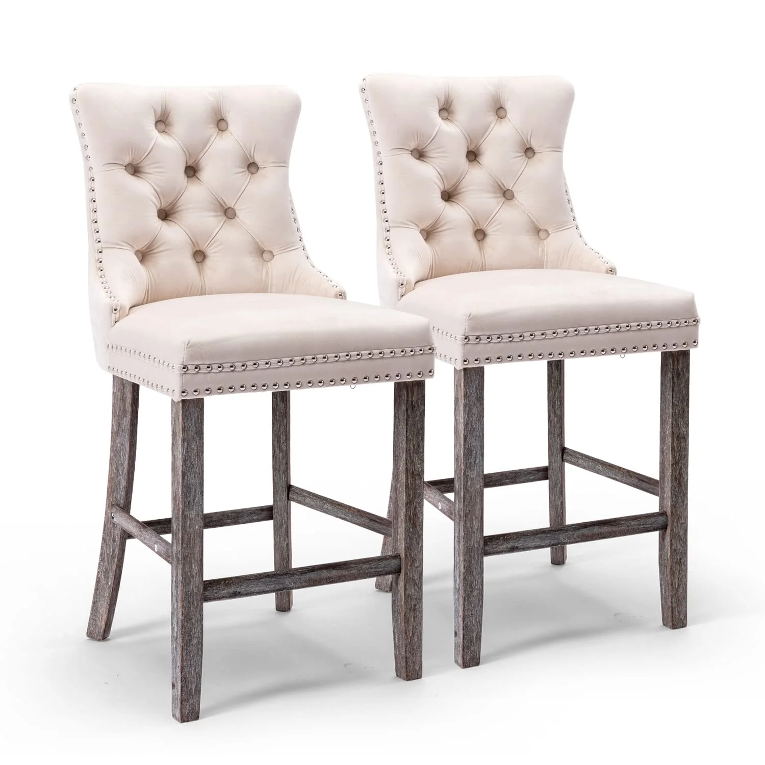 4X Velvet Bar Stools with Studs Trim Wooden Legs Tufted Dining Chairs Kitchen - Image 12
