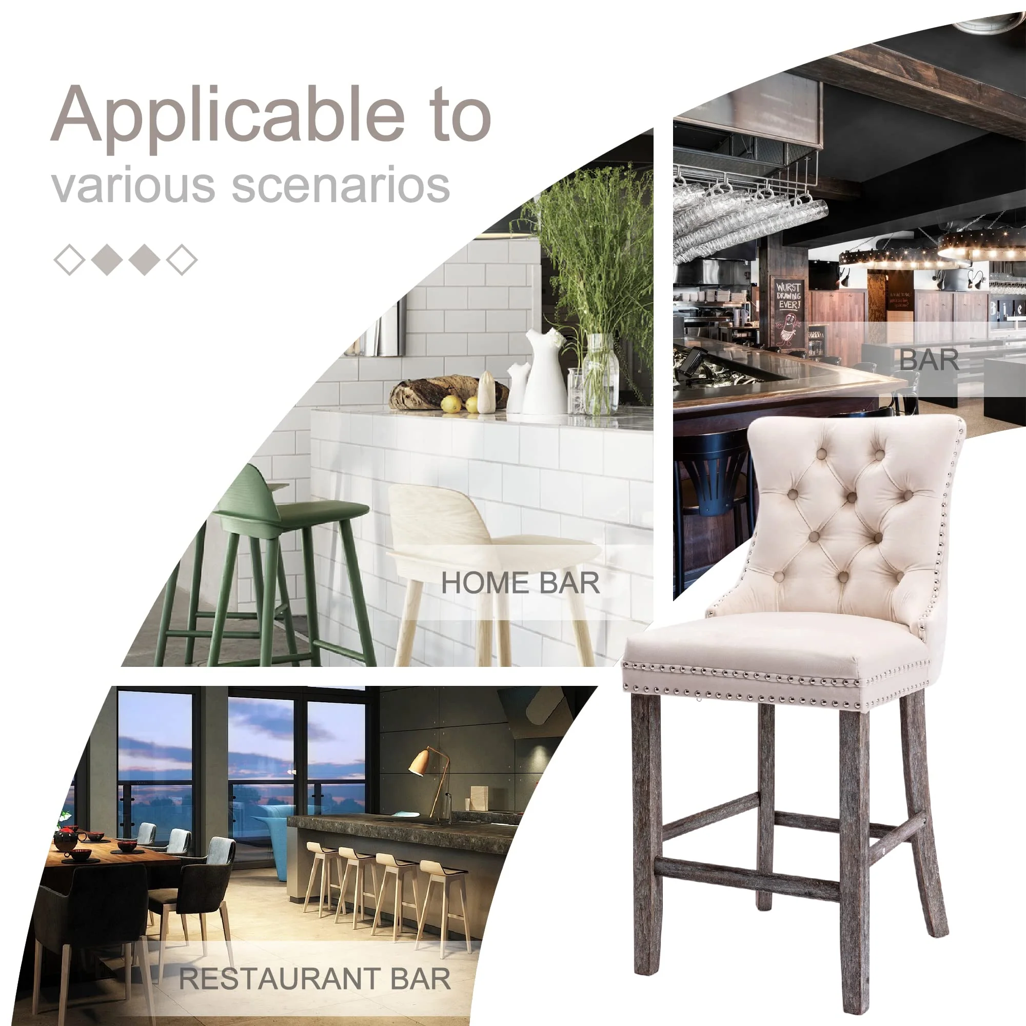 4X Velvet Bar Stools with Studs Trim Wooden Legs Tufted Dining Chairs Kitchen - Image 13