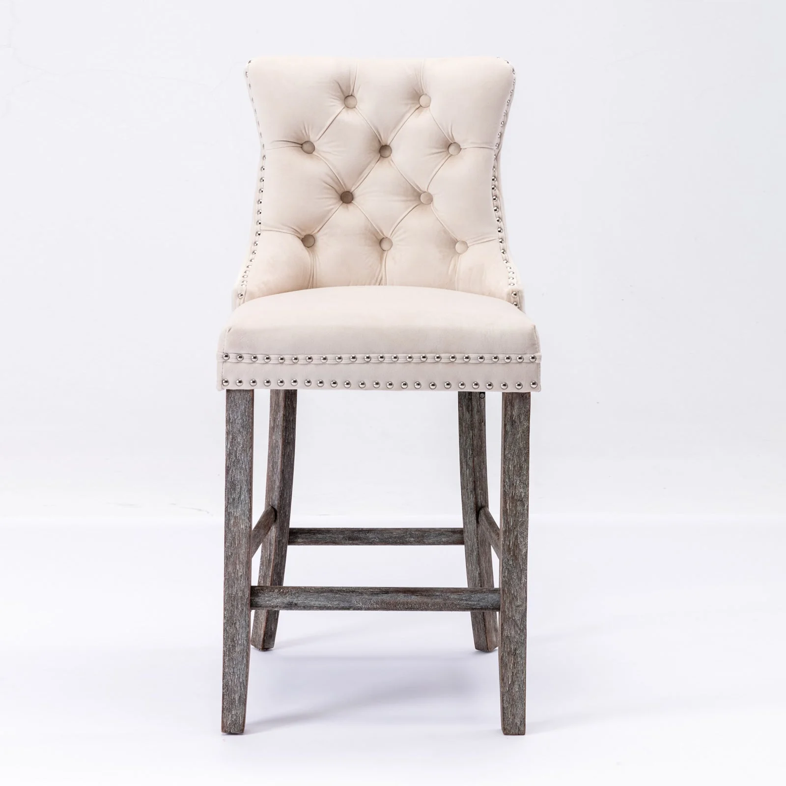 4X Velvet Bar Stools with Studs Trim Wooden Legs Tufted Dining Chairs Kitchen - Image 3
