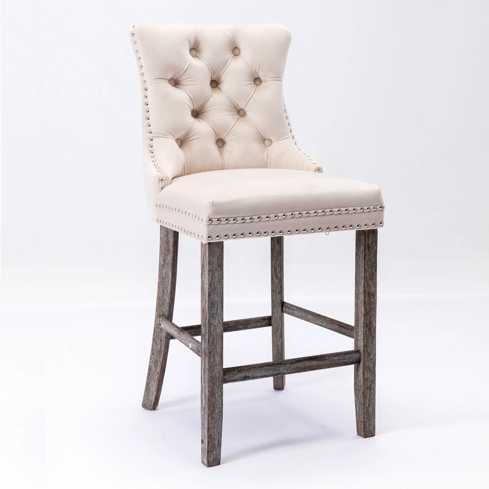 4X Velvet Bar Stools with Studs Trim Wooden Legs Tufted Dining Chairs Kitchen - Image 5