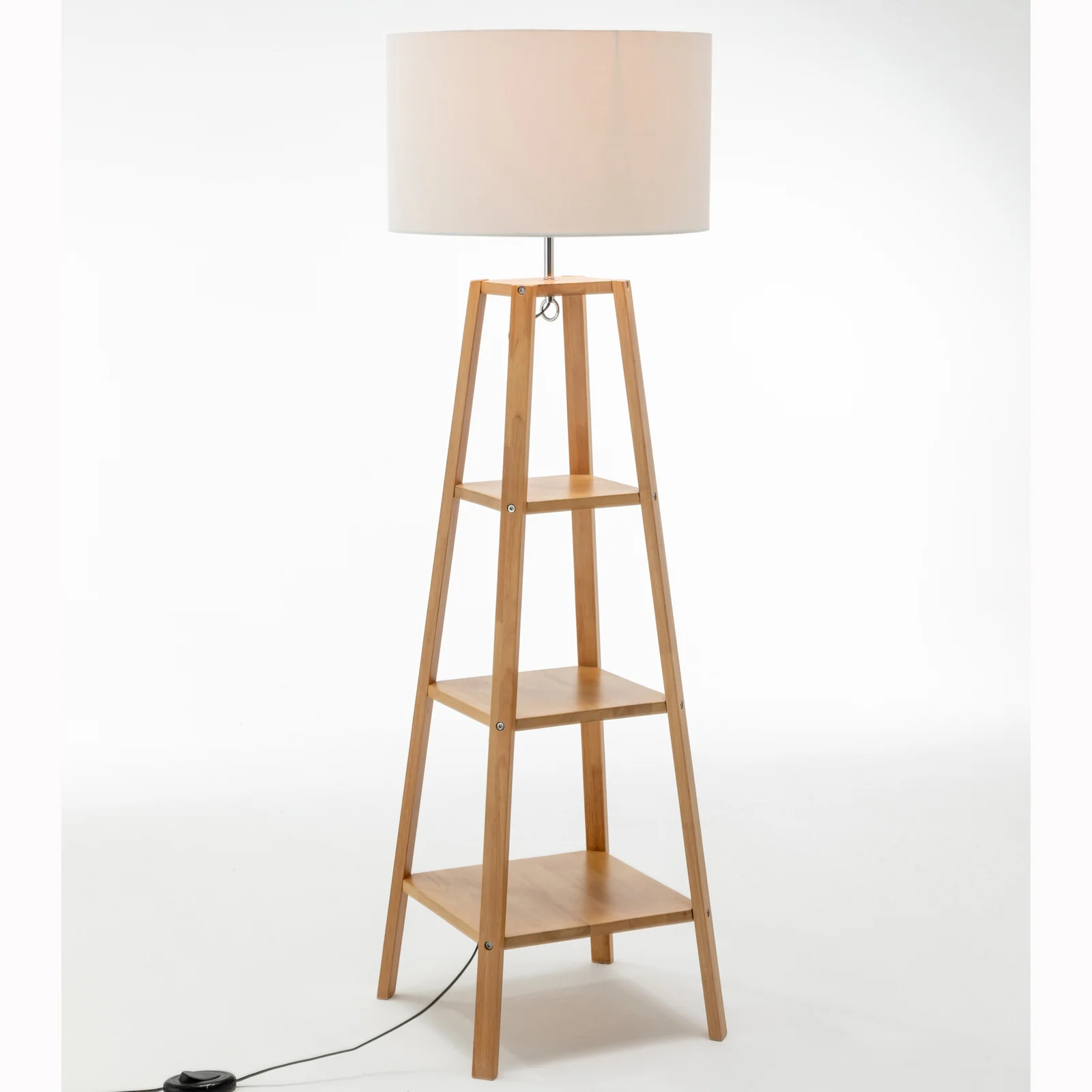 Eiffel 3 Tier Natural Wood Floor Lamp w/ Storage Shelves + Off White Linen Shade - Image 6