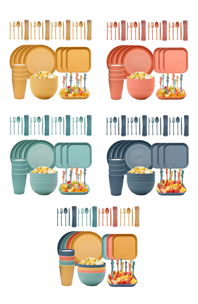Four-person Set Blue Eco-Friendly Wheat Straw Dinnerware Set,  Plate, Bowl, Cup & Utensil Set - Lightweight, Reusable, and Durable for Home, School, and Travel - Image 6