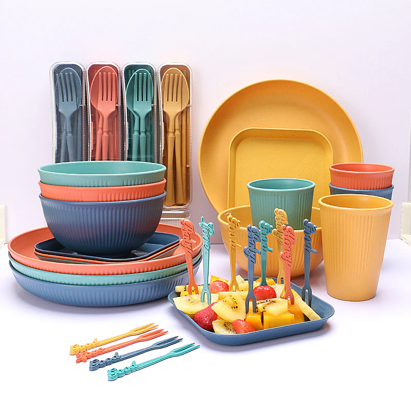 Four-person Set Orange Eco-Friendly Wheat Straw Dinnerware Set,  Plate, Bowl, Cup & Utensil Set - Lightweight, Reusable, and Durable for Home, School, and Travel - Image 5