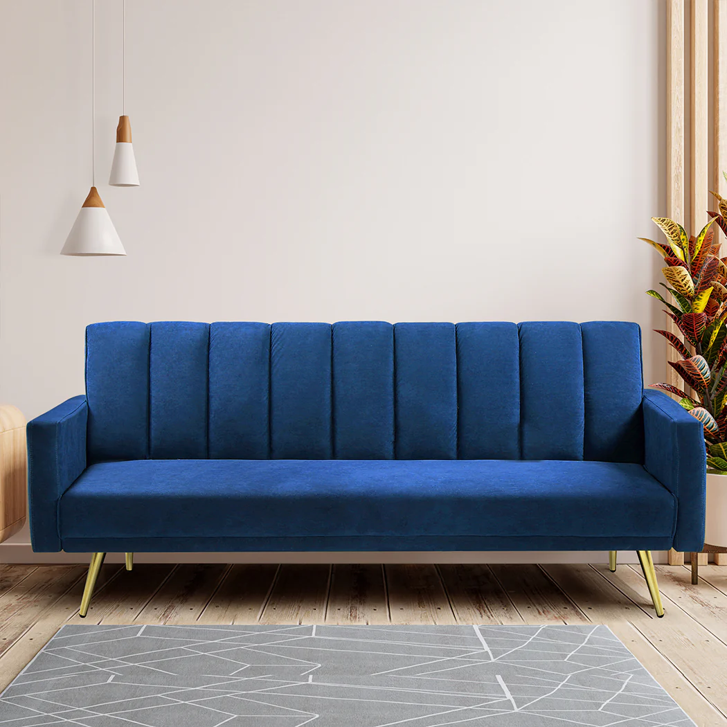 Levede Sofa Bed Convertible Velvet Lounge Recliner Couch Sleeper 3 Seater Blue - Image 6