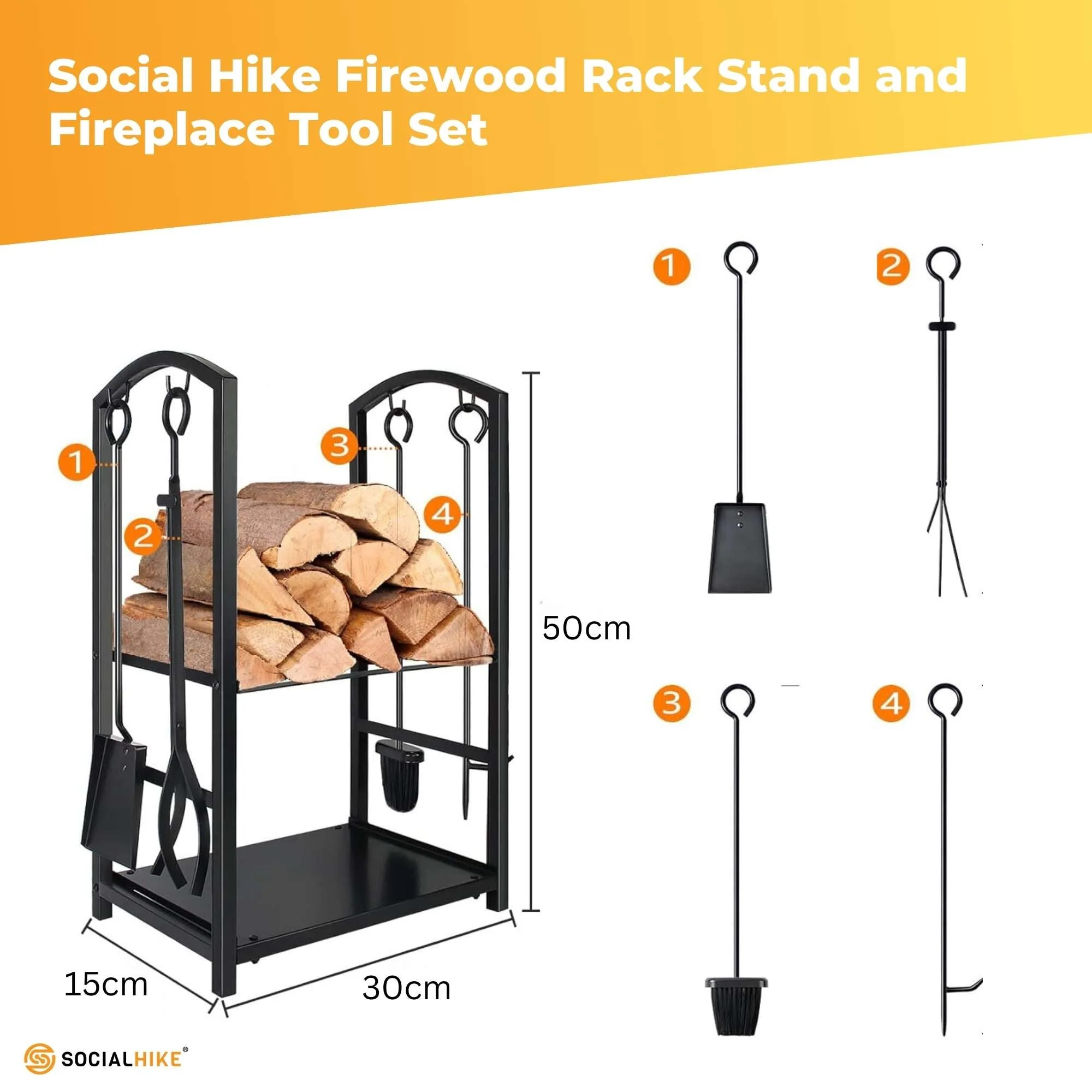 Social Hike Firewood Rack Stand and Fireplace Tool Set for Log Holder Storage - Image 3