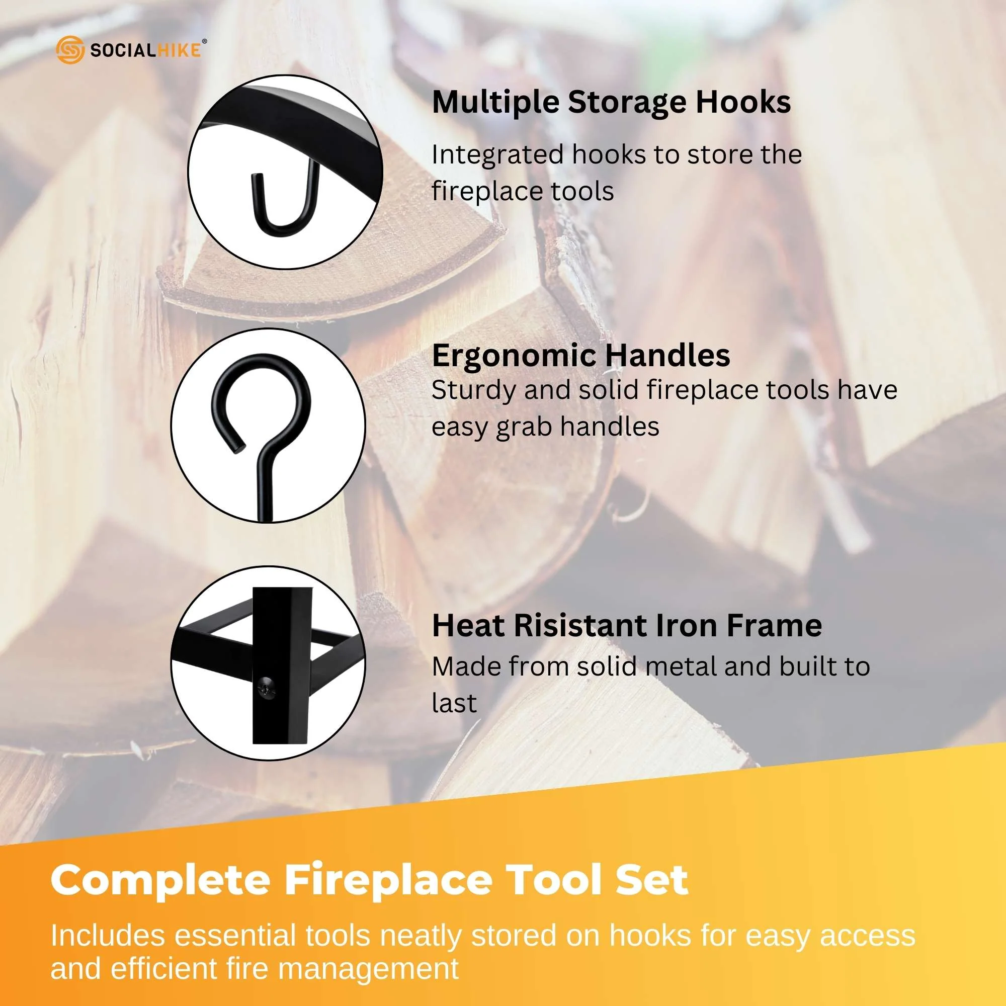 Social Hike Firewood Rack Stand and Fireplace Tool Set for Log Holder Storage - Image 4