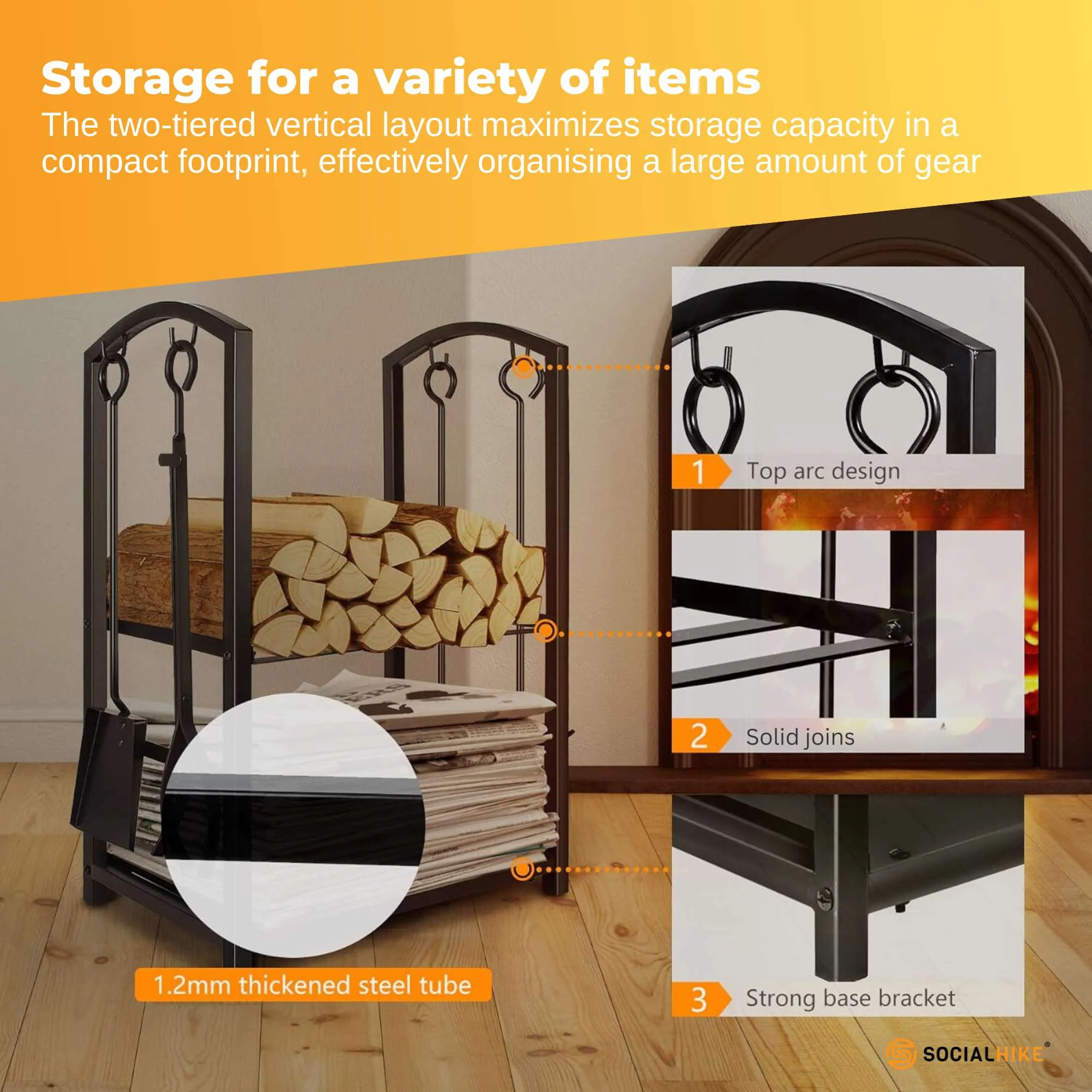 Social Hike Firewood Rack Stand and Fireplace Tool Set for Log Holder Storage - Image 6
