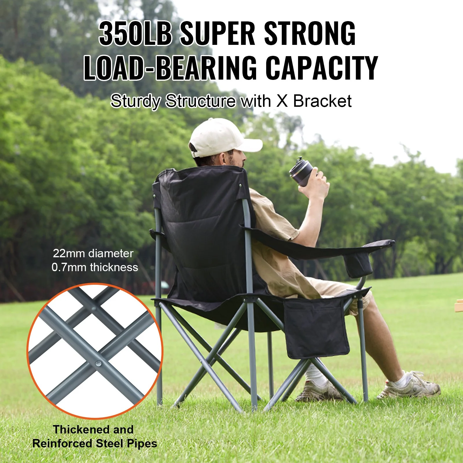 VEVOR Camping Folding Chair for Adults, Portable Heavy Duty Outdoor Quad Lumbar Back Padded Arm Chairs with Side Pockets, Cup Holder and Cooler Bag for Beach, Lawn, Picnic, Fishing, Backpacking, Black - Image 3
