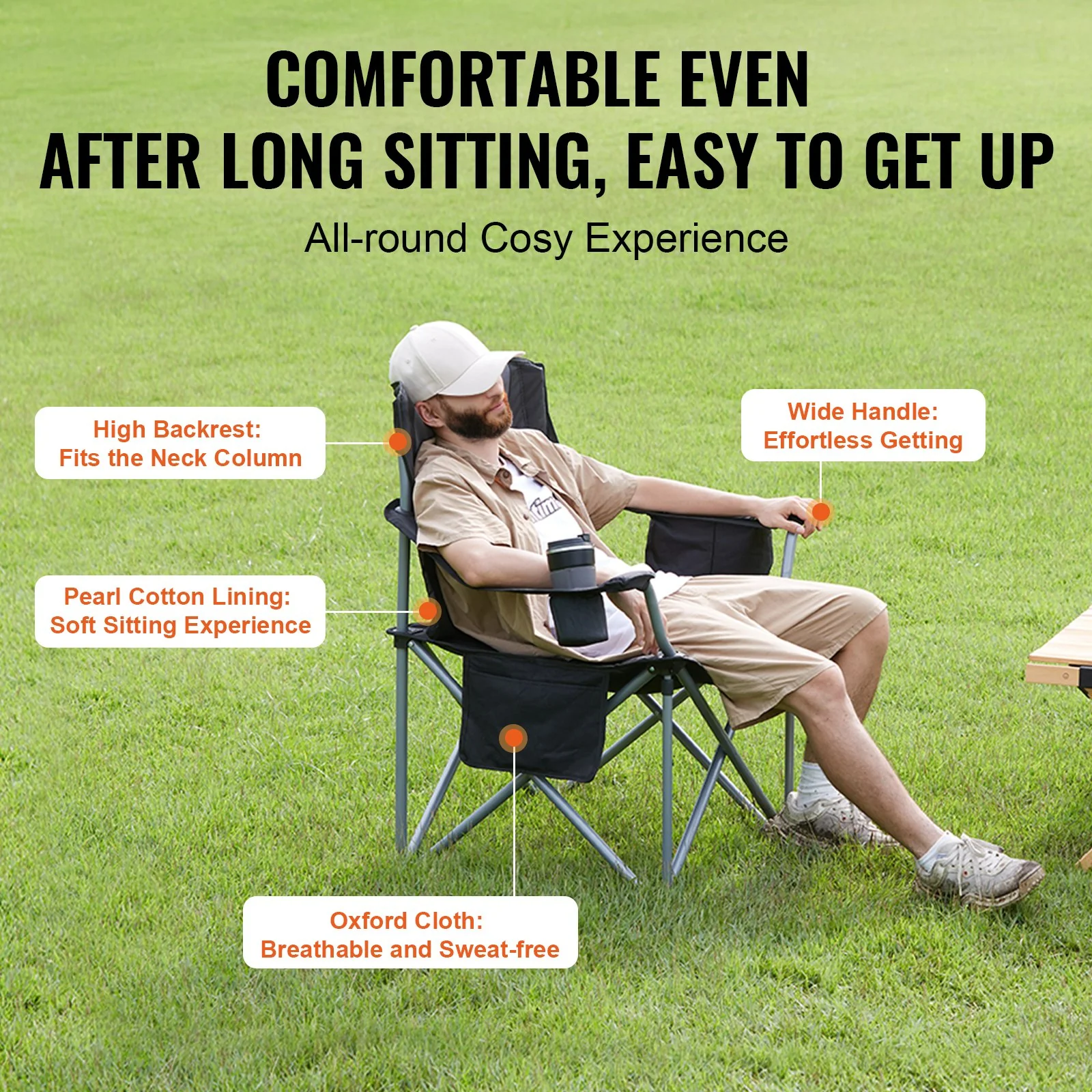 VEVOR Camping Folding Chair for Adults, Portable Heavy Duty Outdoor Quad Lumbar Back Padded Arm Chairs with Side Pockets, Cup Holder and Cooler Bag for Beach, Lawn, Picnic, Fishing, Backpacking, Black - Image 4