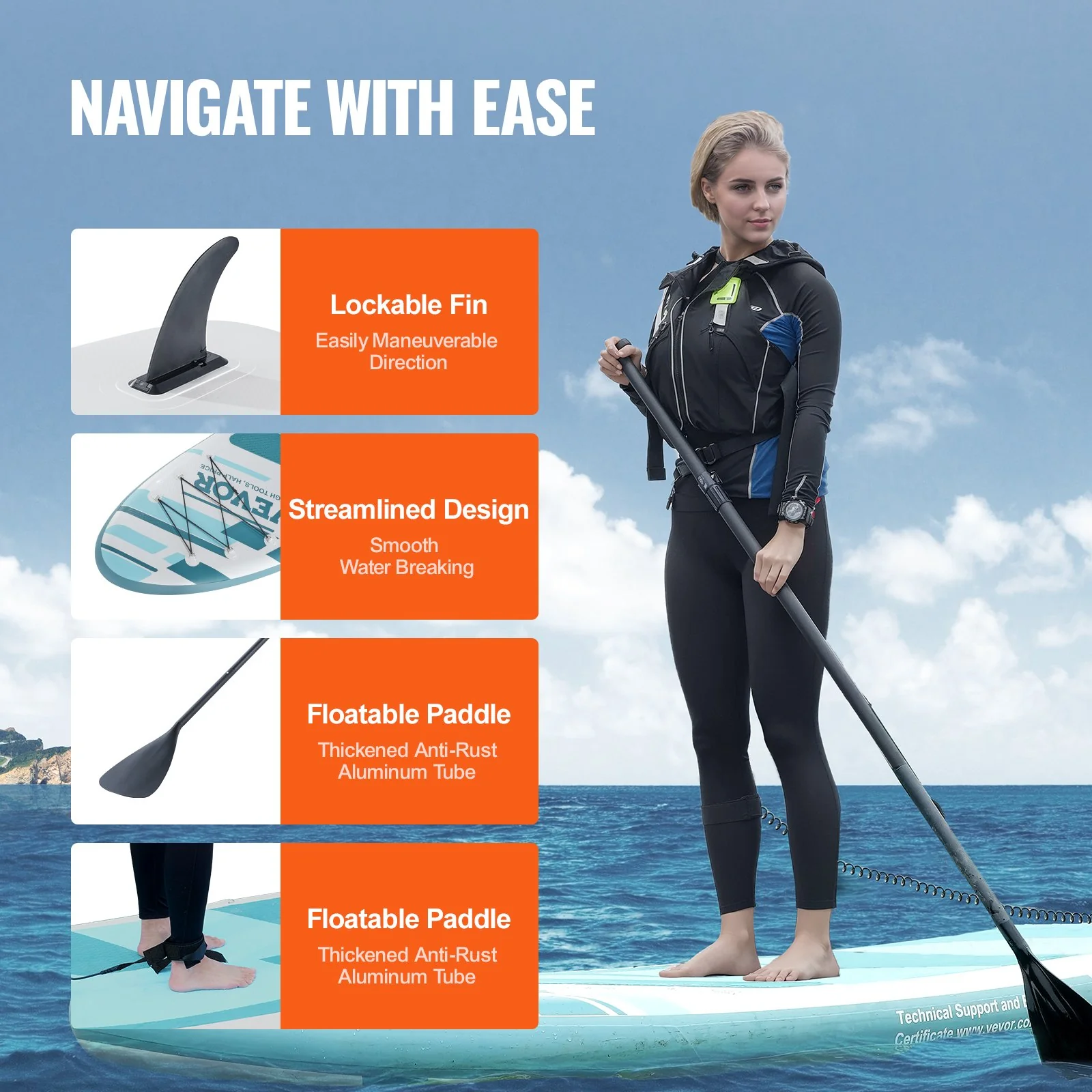 VEVOR Inflatable Stand Up Paddle Board, 152 mm Wide SUP Paddleboard, with Board Accessories, Pump, Paddle, Fin, Phone Bag, Backpack, Ankle Leash, Repair Kit, Non-slip Deck for Youth & Adults - Image 4