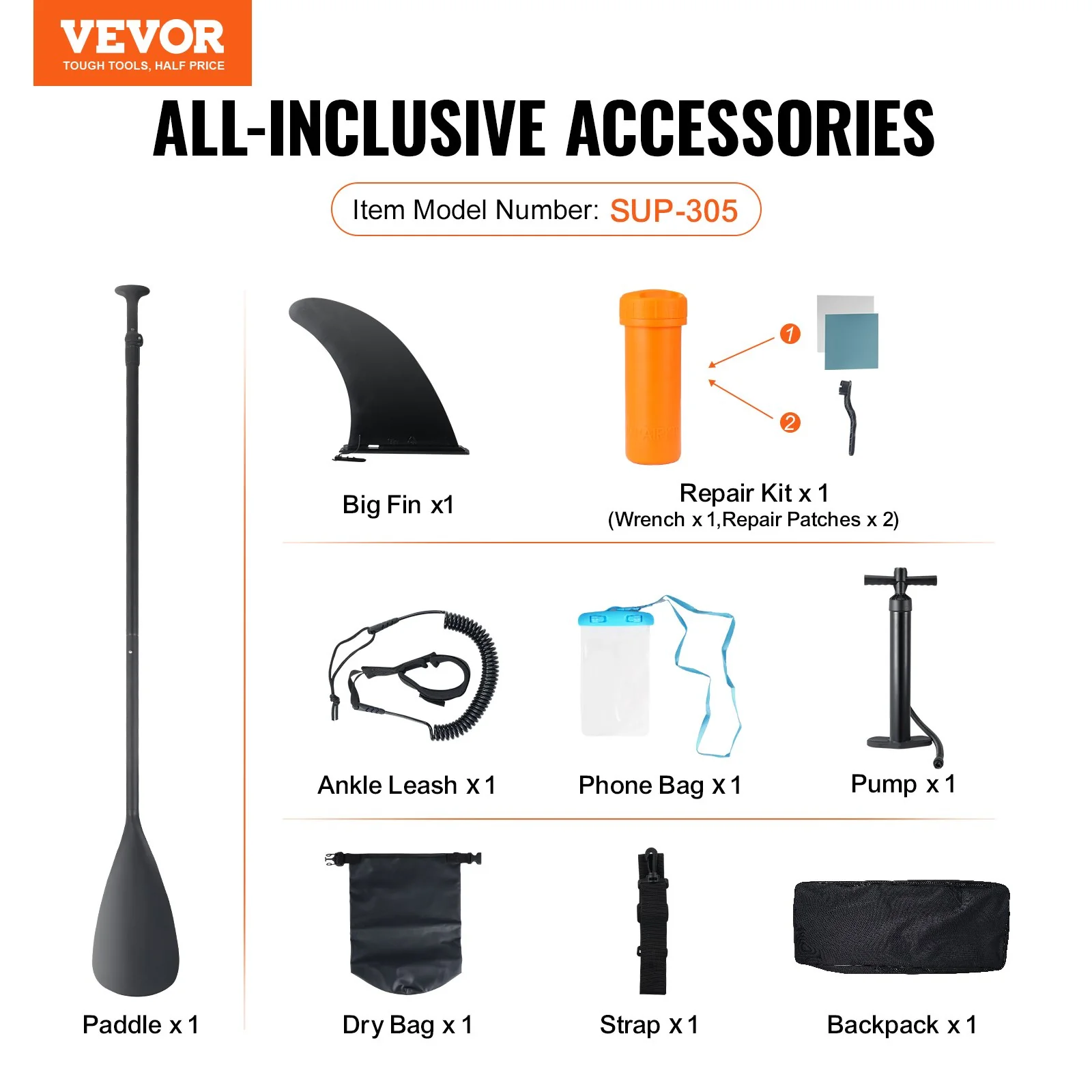 VEVOR Inflatable Stand Up Paddle Board, 152 mm Wide SUP Paddleboard, with Board Accessories, Pump, Paddle, Fin, Phone Bag, Backpack, Ankle Leash, Repair Kit, Non-slip Deck for Youth & Adults - Image 7